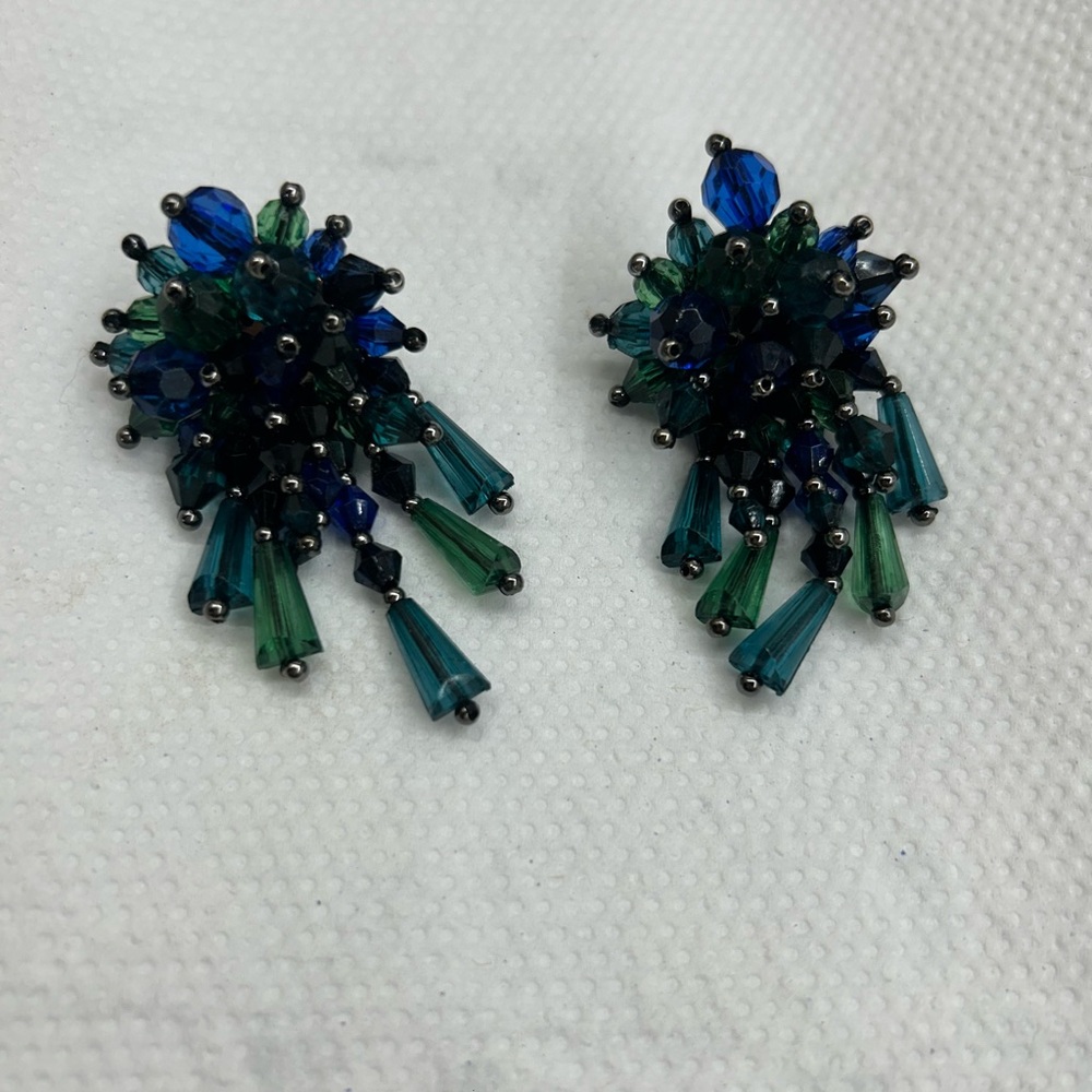 Beaded Fringe Drop Statement Earrings – Blue & Green